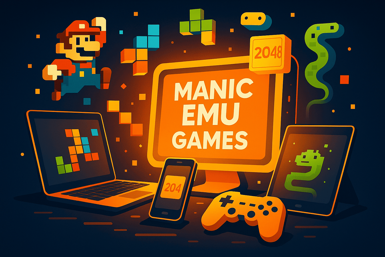 An illustration of classic retro games like Mario, Tetris, and Snake emerging from a central computer screen with the Manic Emu Games logo